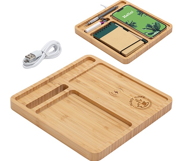 Bamboo Desk Organizer with 5W Wireless Charger