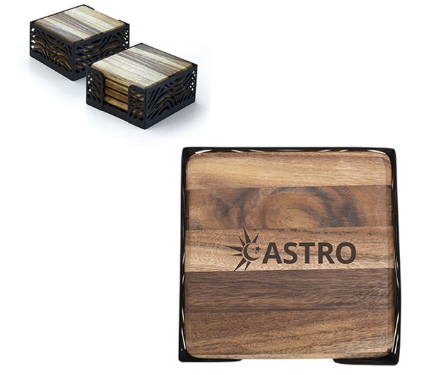 4 Pc. Acacia Wood Square Coaster With Metal Stand