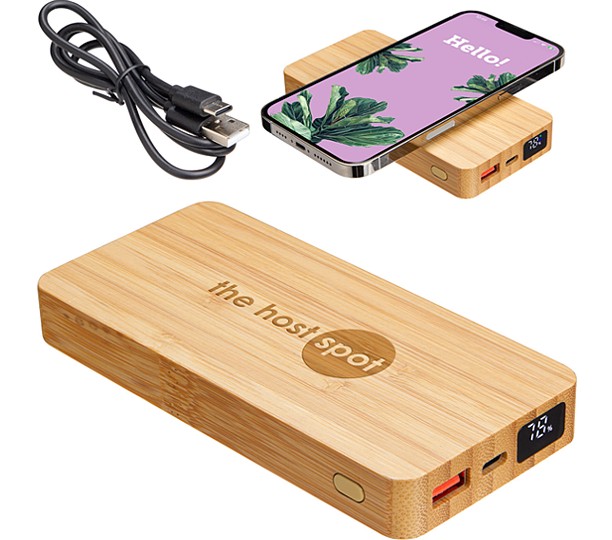 Bamboo 10000mAh Dual Port Power Bank with 10W Wireless Charger