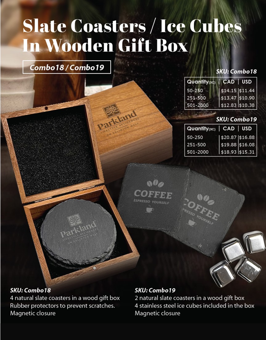 Slate Coasters / Ice Cubes in Wooden Gift Box