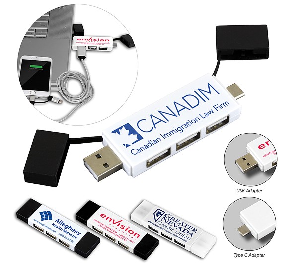 2-in-1 3 Port Mini USB Hub with Type A and Type C Adapter