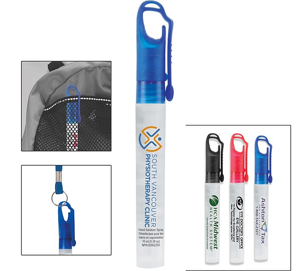 10 ml. Antibacterial Hand Sanitizer Spray Pump Bottle with Carabiner